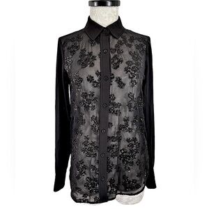 Michael Kors Black Sequin Floral Sheer Button Down Blouse